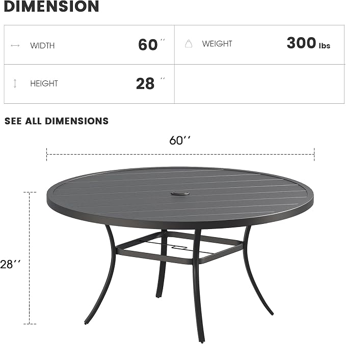 Patio Dining Table for 8-10, Round Metal Outdoor Table with 1.57" Umbrella Hole, 60" Outdoor Slat Tabletop Dining Table for Backyard, Porch, Lawn, Black
