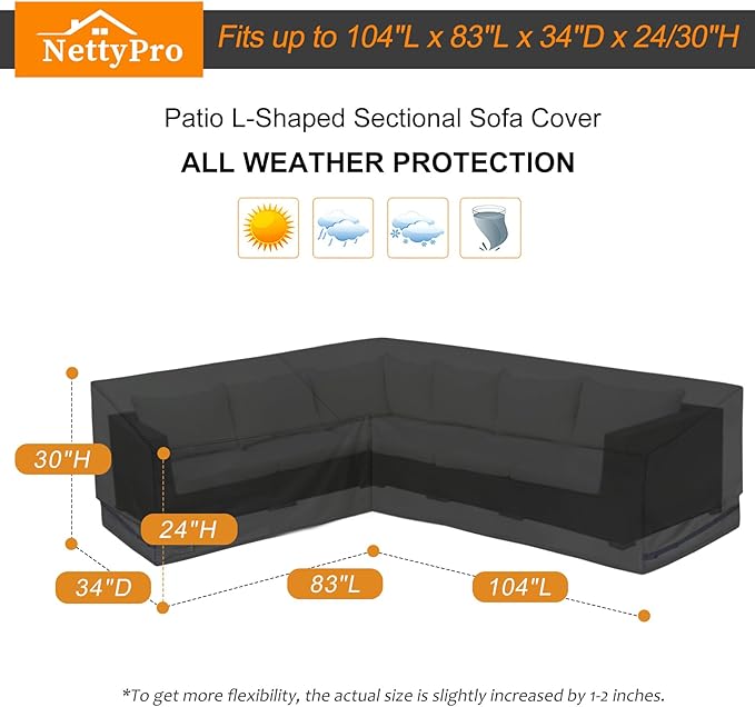 NettyPro Waterproof Patio Sectional Sofa Cover 600D Heavy Duty Waterproof Patio Lawn Furniture L-Shaped Lounge Set Couch Cover, 83 x 104 Inch, Left Facing, Black