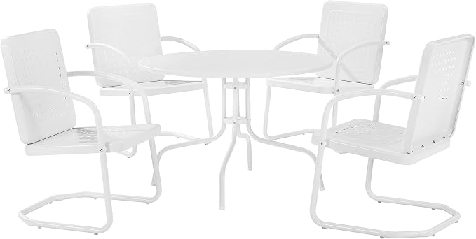 Crosley Furniture Bates 5-Piece Outdoor Dining Set for 4, Retro Metal Round Patio Table and Chairs for Deck, White Gloss