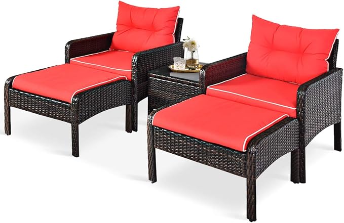 HAPPYGRILL 5PCS Patio Furniture Set Outdoor Rattan Wicker Conversation Set with Coffee Table Cushioned Sofas and Ottoman Chat Set for Garden Backyard