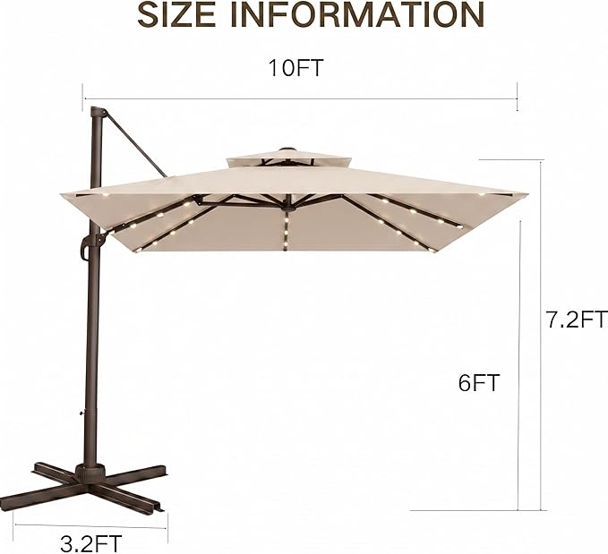 Kingdura Cantilever Patio Umbrella with Double Top Vent, Large Square Aluminum Outdoor Offset Umbrella with 360-degree Rotation, Infinite Tilt, UV Protection for Pool Deck Garden Patio