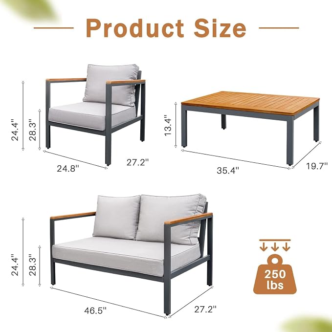 Greesum 4 Piece Furniture Patio Lounge Conversation Set Solid Wood Armrest & Table Top Anti-Drop Thick Waterproof Cushion, Light Gray