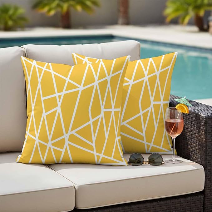 Outdoor Pillow Covers Waterproof, Yellow Geometric Decorative Square Throw Pillowcases Patio Cushion Covers for Tent/Garden, 24" x 24" 2 Pack, Abstract Stripes Modern Minimalist