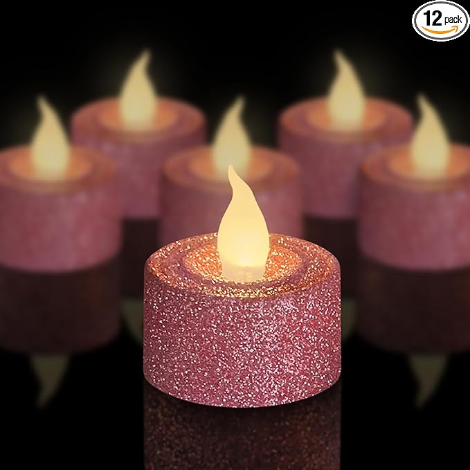 FURORA LIGHTING Pink Glitter LED Tealight Candles Pack of 12, Flameless Flickering Tealight Candles for Home Décor, 1.5’’(W) x 1.65’’(H), Battery Operated