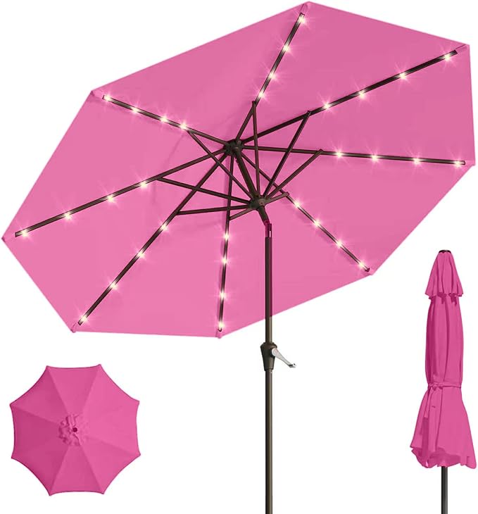 9' Solar LED Patio Umbrella with Tilt & Crank|8 Sturdy Ribs,UV Protection,Outdoor Market Table Umbrella for Deck,Lawn,Pool,Backyard(Rose Pink)