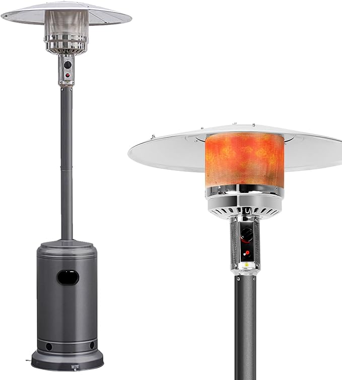 HAPPYGRILL Patio Heater, 48,000 BTU Outdoor Propane Heater with Wheels, Reflective Cover, Triple-Over Protection, Portable Stainless Steel Patio Heater for Outdoor Use Garden, Grey