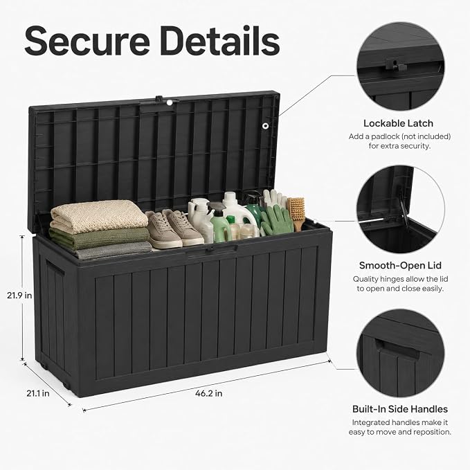 Outdoor Deck Patio Storage Box - 80 Gallon Resin Outside Storage Bin with Lid for Patio Cushions, Garden Tools, Pool Accessories & Backyard Toy Storage, Black
