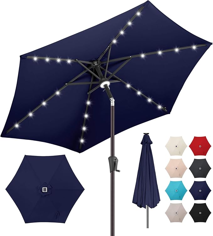 10ft Solar Patio Umbrella - Outdoor Umbrella with Centre Surround Light 24 LED Lights, Market Table Umbrella with Tilt for Pool, Porch, Garden, Deck, Backyard UV Protection (Navy Blue)
