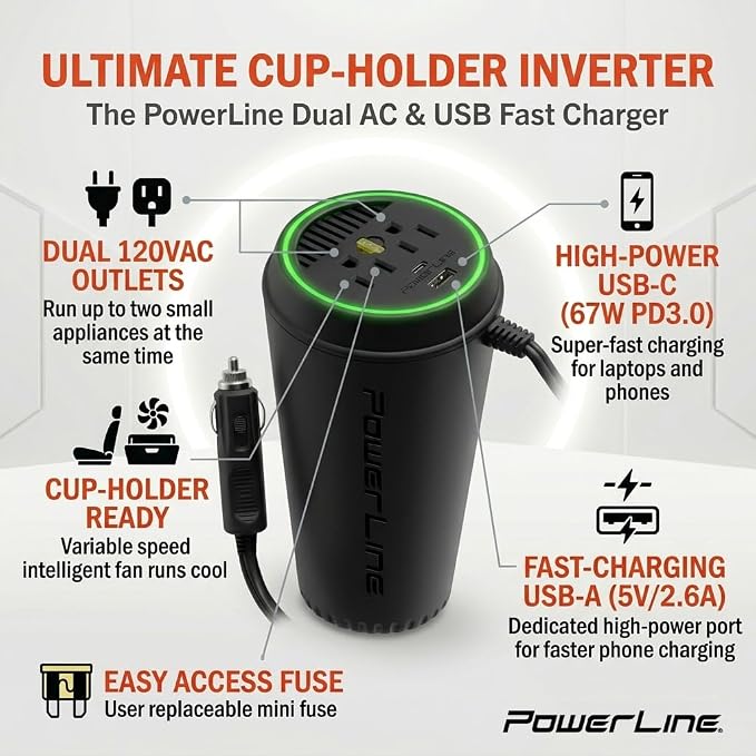 PowerLine PowerCup-XPD Car Inverter - 200/260W, 2 AC Sockets, 2 USB Ports (USB-C PD3 at 67W & USB-A at 13W)