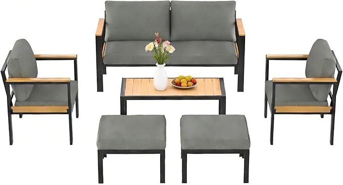 HOMREST Aluminum Patio Furniture Set with Coffee Table, 6 Seat Oversized Outdoor Sectional with Washable Thick Cushions, Patio Conversation Set with Special Wide Armrest and Deep Seat, Gray