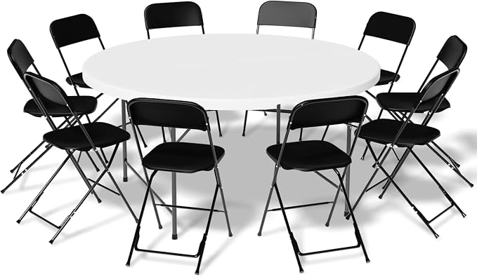 Magshion Portable Table Chair Set, 4.5Ft Heavy Duty Fold in Half Table Desk and 10pcs Black Stackable Folding Plastic Chairs, 650 LB Weight Capacity for Wedding Party Outdoor