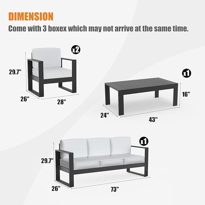 4 Piece Modern Aluminum Patio Furniture Set, Outdoor Patio Sectional Conversation Metal Seating Sets with Olefin Cushion and Coffee Table