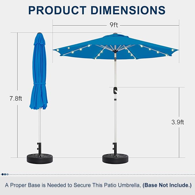 9FT Aluminum Patio Umbrella with 40-LED Solar Lighted, Fade-Resistant Outdoor Market Table Umbrella with Push Button Tilt Function, 8 Sturdy All-Aluminum Ribs for Gardens, Decks, Backyards & Pools