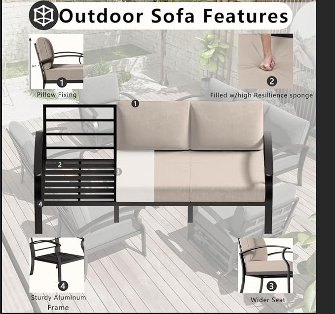 Patio Furniture Set 3-Piece Aluminum Armrest Sofa, All-Weather Patio Conversation Set with Tempered Glass Top Table & Removable Sponge Cushions for Backyard Poolside - Sand.