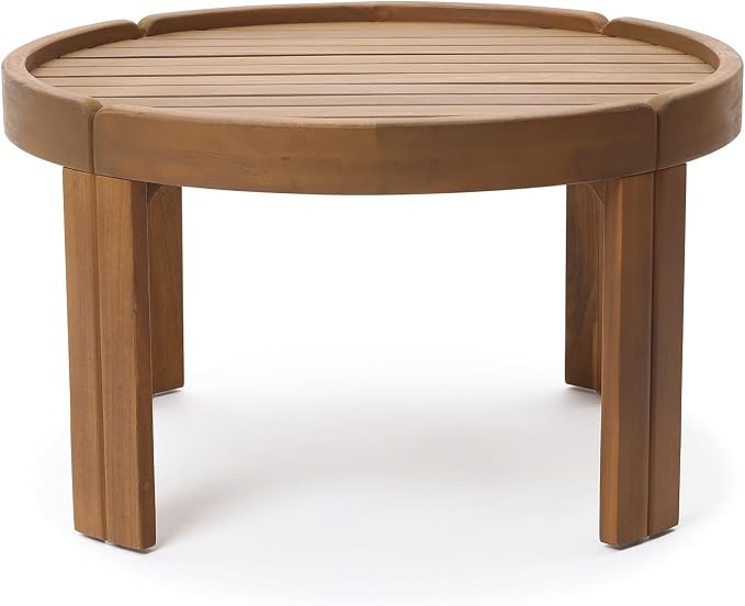 LuxenHome 27.5" Dia Outdoor Round Coffee Table, Acacia Wood Patio Table with Raised Edge, Small Wooden Garden Coffee Table for Balcony, Patio, Porch