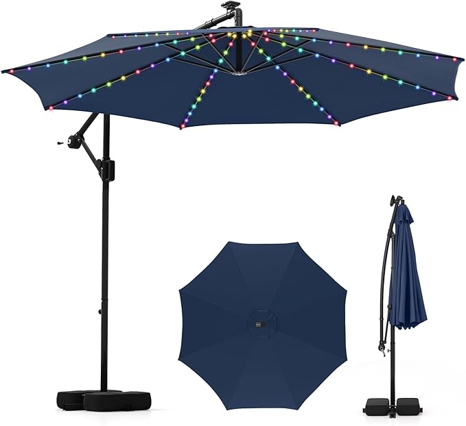 Tangkula 10 FT Solar Patio Umbrella with Base Included, Cantilever Offset Hanging Outdoor Umbrella with 96 Multi-Colored Flowing LED Lights, 9 Modes, Tilt Adjustment, 360° Rotation, Crank for Pool Yard Deck Lawn (Navy)