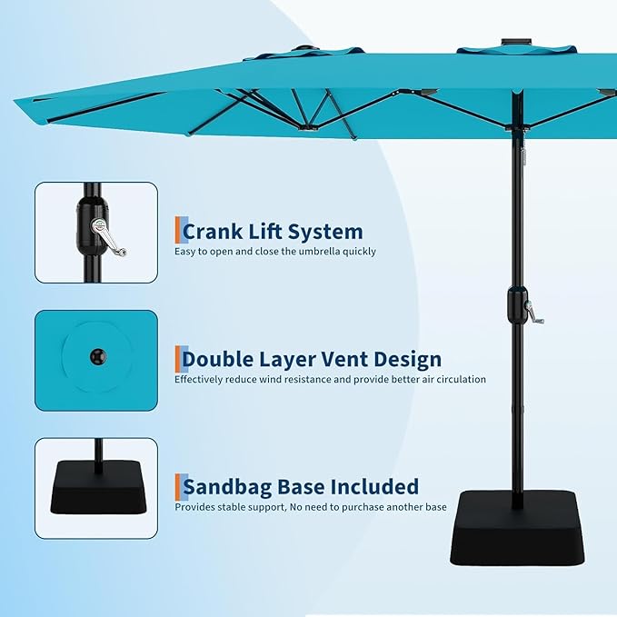 Garvee 15FT Rectangular Outdoor Umbrella Patio Umbrella with Base Included Large Market Umbrellas with Crank Handle UV Protection Table Umbrellas for Outdoor, Backyard, Deck, Poolside, Mist Blue