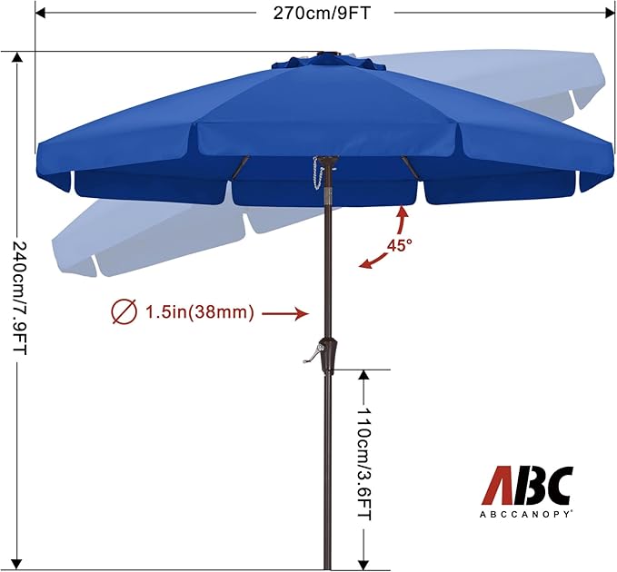 ABCCANOPY 9ft Scalloped Patio Umbrella, Outdoor Table Umbrella with Tilt and Crank, Fiberglass Ribs Deck Umbrella for Patio, Pool, Garden, Picnic (Blue)