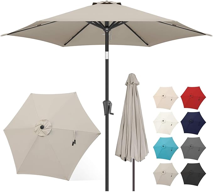FLAME&SHADE 9ft Patio Umbrella Outdoor - Table Umbrella with Push Button Tilt and Crank, UV Protection, 6 Sturdy Ribs, Market Umbrella for Garden, Deck, Backyard, Lawn, Pool and Beach(Taupe)