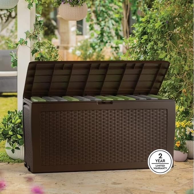 Large Resin Deck Box, 70 Gal Outdoor Storage, Rattan Style, Lockable with Wheels, (Brown, 46" L x 22.4" W x 17.7" H)
