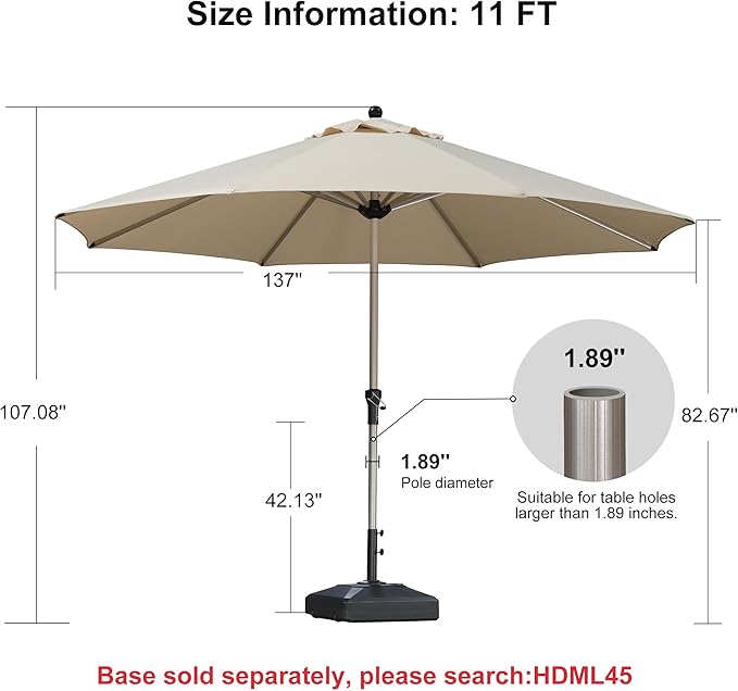 PURPLE LEAF 11' Round Patio Umbrella, Aluminum Outdoor Umbrella for 3 Year Fade Resistant, Sturdy Market Umbrella for Deck Garden, Patio, or Lawn