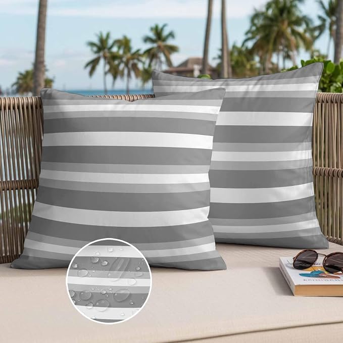 Throw Pillow Covers 26x26 Inch Set of 2, Grey Stripe Waterproof Outdoor Pillow Covers, Minimalist Farmhouse Striped Decorative Cushion Pillowcases for Couch, Sofa, Bed, Garden, Patio