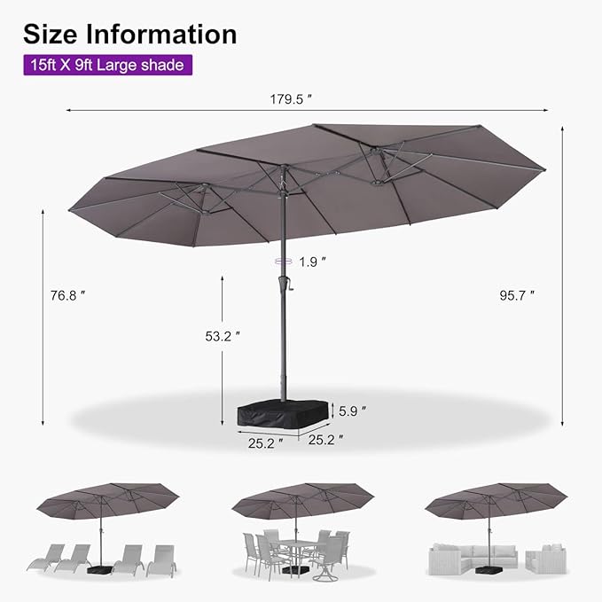 PURPLE LEAF 15ft Patio Umbrella with Base Included Double-Sided Rectangle Outdoor Umbrella Market Table Umbrella with Crank for Pool Garden Deck, Light Grey