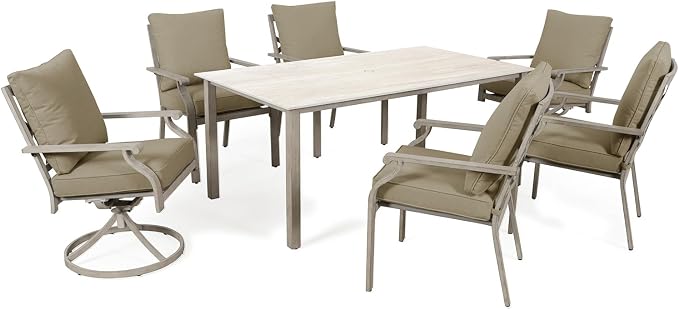 7-Piece Patio Dining Set, White Food-Grade Sintered Stone Dining Table with Umbrella Hole, 4 Dining Chairs and 2 Swivel Chairs with Beige Removable Thickened Cushions for Garden Lawn Yard