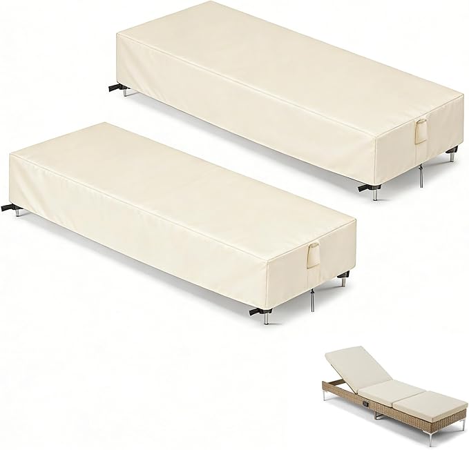 Chaise Lounge Covers, 2 Pack Waterproof Outdoor Lounge Chair Covers for Patio Furniture, Pool Lounge Chair Outdoor Furniture Cover - 82 x 34 x 13 Inch, Beige