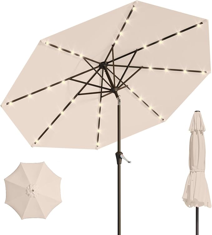 10FT Solar Umbrella 32 LED Lighted Patio Umbrella Table Market Umbrella w/Tilt and Crank, UV-Resistant Outdoor Umbrella for Pool, Garden, Deck, Beige