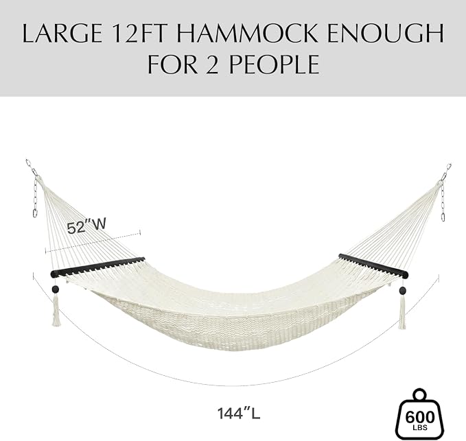 PNAEUT 2 Person Rope Hammocks for Outside, Handwoven Double Caribbean Hammock with Spreader Bar for Outdoor Indoor, Max 600 lbs Capacity (Cream)
