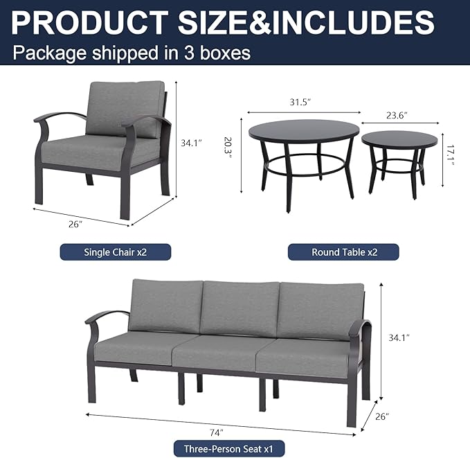Kurapika Aluminum Patio Furniture Set 5-Seat Modern Metal Outdoor Conversation Sets w/5.1 Inch Cushion Patio Sectional Sofa with 2 Round Coffee Tables, Grey