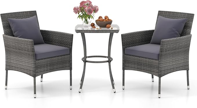DORTALA Wicker Patio Furniture Set 3 Piece, Small Outdoor Table & Chairs with Tempered Glass Tabletop, Cushions, Rattan Conversation Bistro Set for Balcony, Porch, Backyard, Deck, Mix Gray+Gray