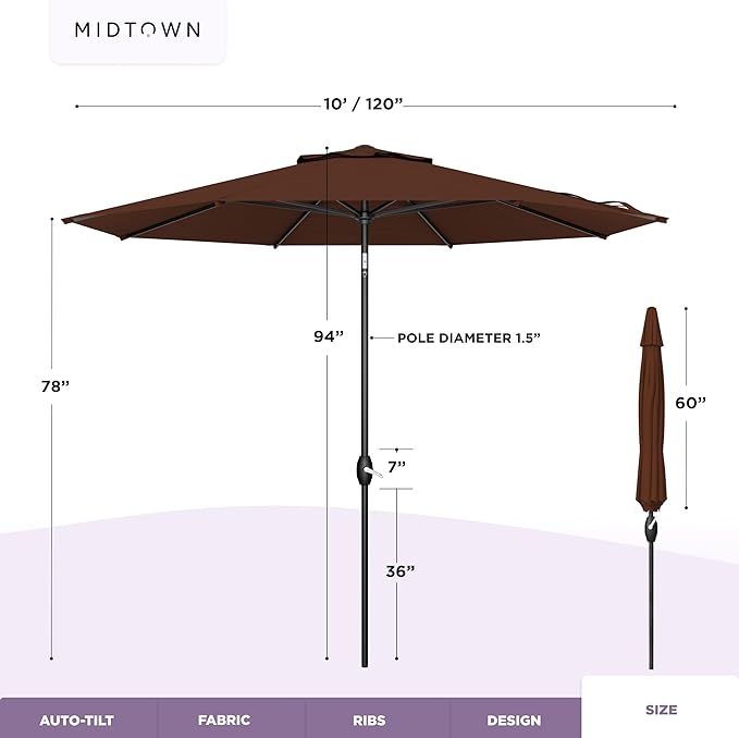 Midtown Umbrellas - The Lean 10 Ft Patio Umbrella with Fade-Resistant Sunbrella Fabric, Auto-Tilt Aluminum Frame and 8 Reinforced Ribs for Deck, Pool & Garden - Bay Brown Canopy, Black Pole