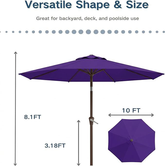 PatioKingdom 10FT Patio Umbrella with Push Button Tilt and Crank, Outdoor Market Umbrella with 8 Fiberglass Ribs, UV Protection Table Umbrella for Pool,Backyard,Garden,Deck