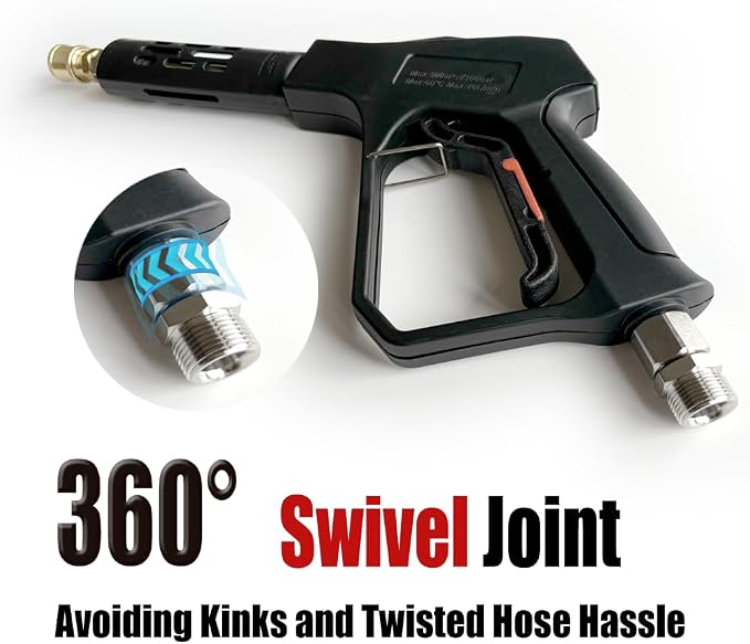 Swivel Pressure Washer Short Gun,Sturdy 5000PSI Power Washer Handle with Replacement Extand Wand Carwash Water Spray Washing Gun and 3/8 Plug & M22-14mm & M22-15mm and 1/4 Adapter 5 nozzles