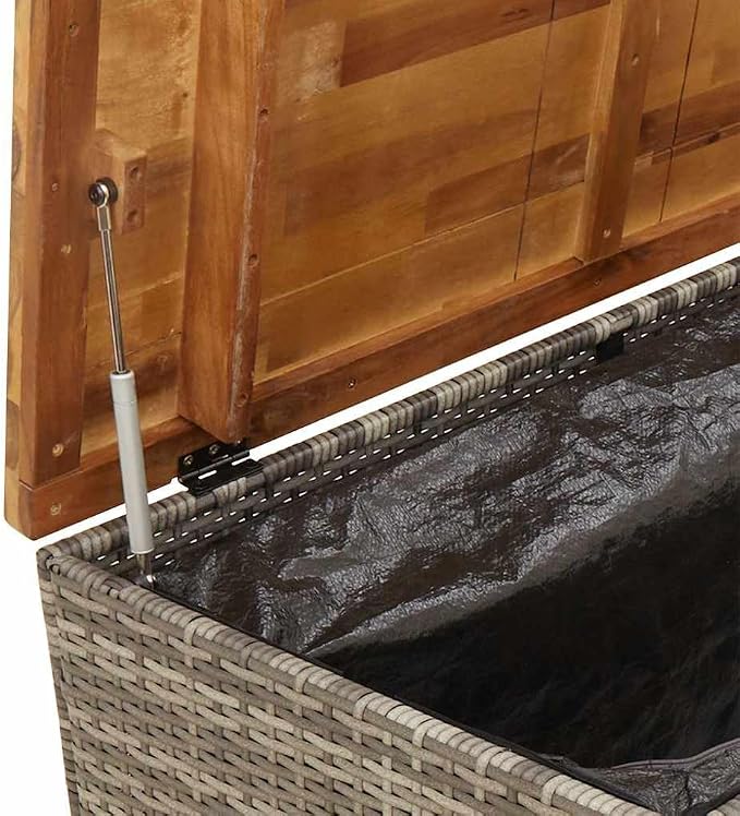 Outdoor Garden Storage Box 43.3 x 21.7 x 24.8 inch, Poly Rattan Deck Box with Acacia Wood Top, Heavy Duty Patio Bench with Waterproof Liner for Cushions and Blankets