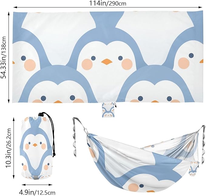 Delicate Cartoon Penguin Light Blue 330lb Capacity Outdoor Hammock with Hanging Rope Portable Hammock for Outside Camping Essentials hamaca con Base para adultos