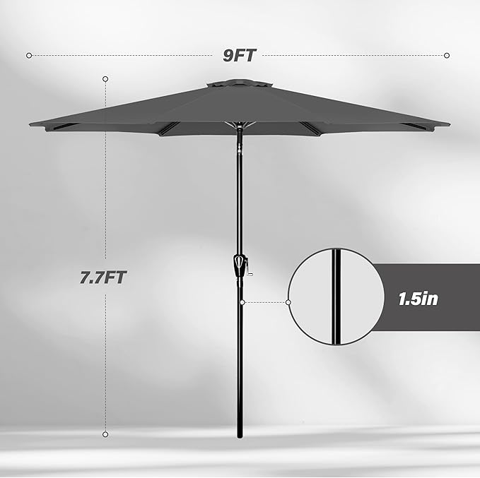 YSSOA 9' Patio Umbrella Outdoor Table Market Yard Umbrella with 8 Sturdy Ribs, Grey