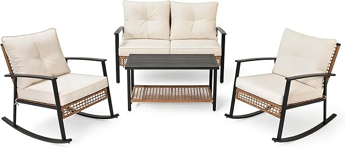 LAUSAINT HOME 4-Piece Patio Conversation Set, Comfortable Oversized Outdoor Furniture Set with Rocking Chairs and Storage Coffee Table for Backyard, Porch, Garden and Poolside