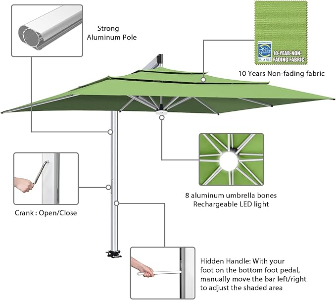 EliteShade USA Atlas 3-Tier 10x13FT Full Aluminum Cantilever Patio Umbrella for Outdoor Restaurant Garden Courtyard Deck Pool and Marketing with Light (No battery), Macaw Green