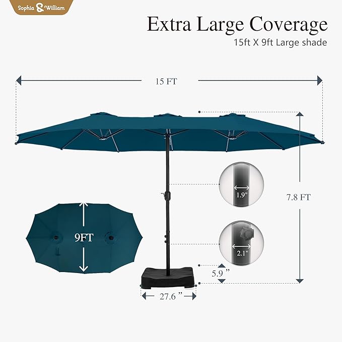 Sophia & William 15 ft Extra Large Patio Umbrella with Base Included, Rectangular Outdoor Umbrella Heavy Duty, Market Umbrella Double-sided Fade Resistant for Pool Garden Backyard, Cyan-blue