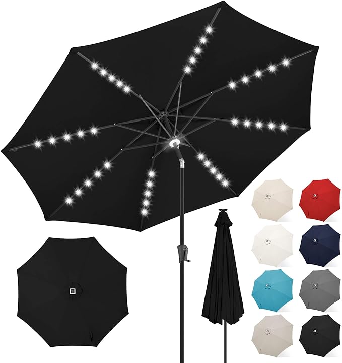 FLAME&SHADE 9 FT outdoor umbrella with 40LED lights, solar light patio umbrella with Centre Surround Light, Table Market Umbrella Outdoor Patiofor Deck, Pool, Backyard, Garden (Black)