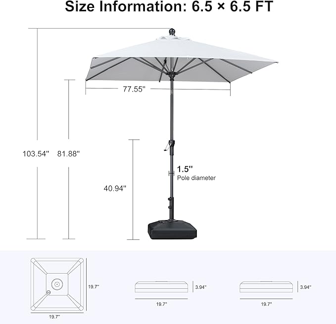 PURPLE LEAF 6.5' x 6.5' Square Patio Market Umbrella with Base Outdoor Table Umbrellas Aluminum Frame Sun Shade with 8 Sturdy Ribs Tilt for Garden Deck Lawn Pool White