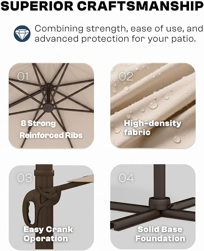 8' X 8' Patio Umbrella, Cantilever Umbrella with 360°Rotation, Offset Patio Umbrella with Easy Tilt & Fade Resistance for Pool Deck Garden Backyard, Beige (Base not Included)