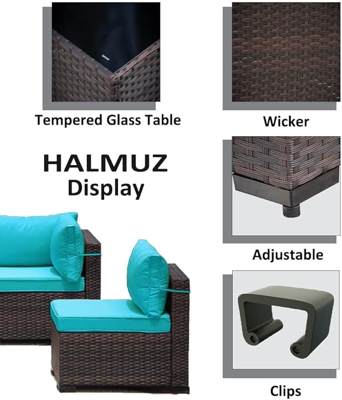8 Pieces Outdoor Patio Furniture Sets w/55000 BTU Propane Fire Pit Table,Wicker Conversation Sofa,Includes 6 All-Weather High Back PE Rattan Seating Components w/Coffee Table&Gas Fire Pit,Blue