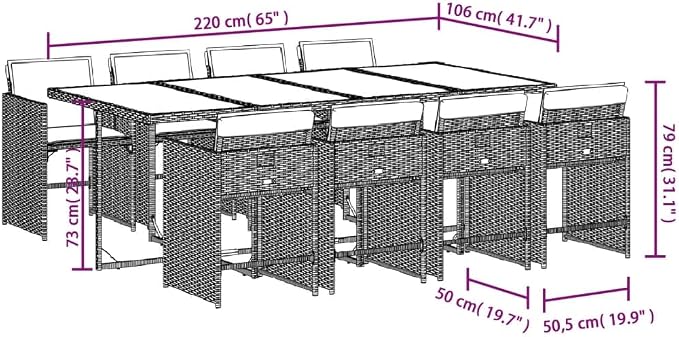 9 Piece Garden Dining Set with Cushions Grey Poly Rattan Outdoor Patio Furniture Table and 8 Chairs with Navy Blue Washable Seat Cushions Folding Backrest Tempered Glass for Al Fresco Dining