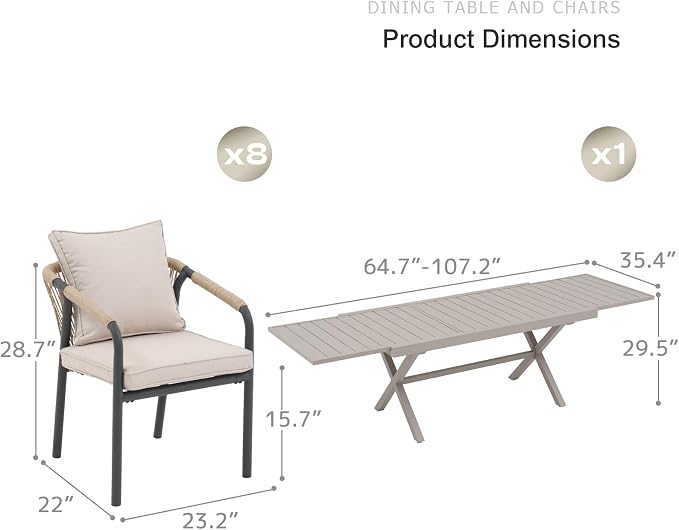 SUNSITT 9 Piece Outdoor Patio Dining Set, 65" - 107" Metal Expandable Outdoor Dining Table with X-Shape Legs, 8 Woven Wicker Patio Chairs w/Curved Backrest for Garden, Flaxen