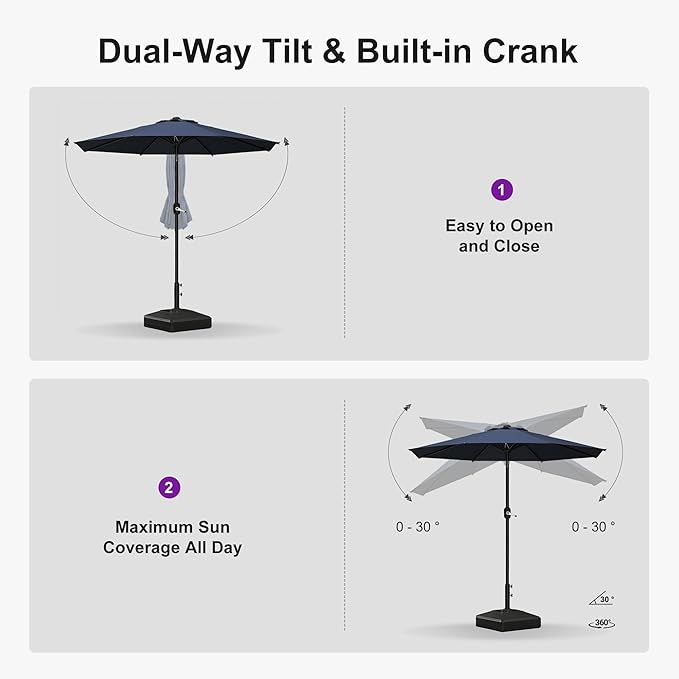 PURPLE LEAF 7.5' Round Patio Umbrella Outdoor Table Umbrella Aluminum Frame Market Umbrella with 8 Sturdy Ribs & Tilt for Garden Deck Lawn Pool Navy Blue