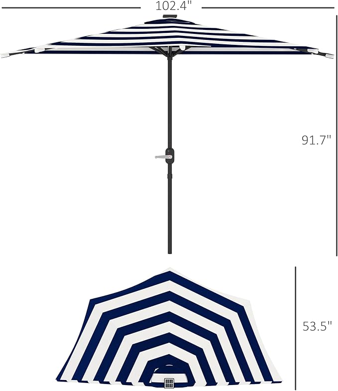 Outsunny Half Outdoor Patio Umbrella, UPF 30+ Small Vented Half Patio Umbrella with Crank 8 Ribs for Balcony Porch Garden Deck Poolside